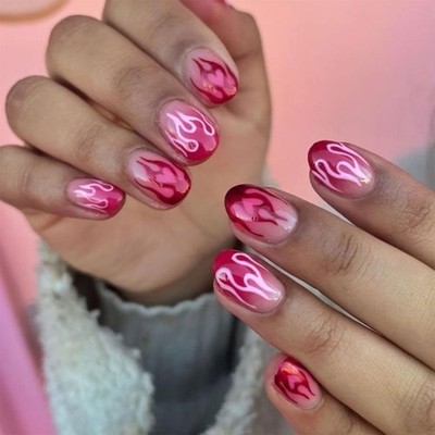 Romance Heart Flame Designs Short Oval Press On Nail for Women Valentine s Day