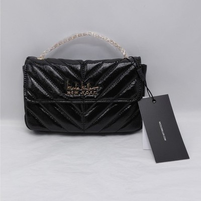 Nicole Miller Crossbody Shoulder Bag Black Faux Leather Quilted Mini Purse Party