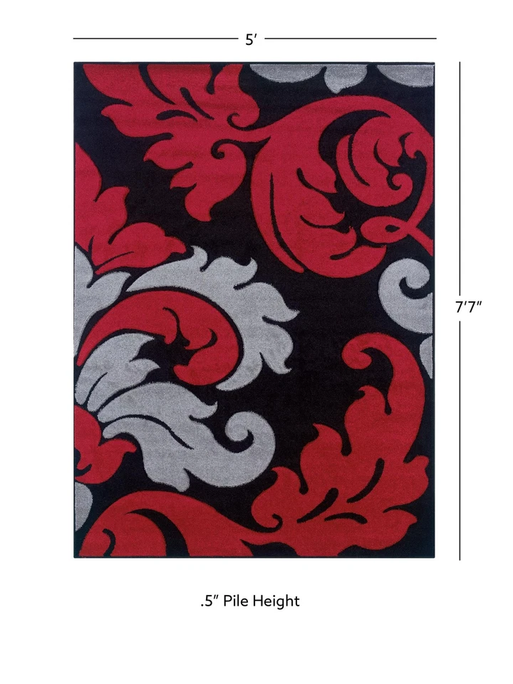 Linon Corfu Damask Frieze Yarn Pile  5'x7'7" Area Rug in Black & Red - Image 4 of 4