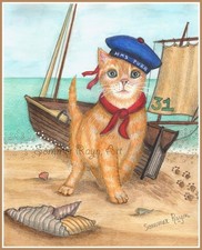 Sweet Seaside kitten, on the beach with his sailboat card, print, magnet, 1015