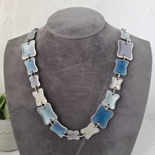 Multicolour Blue Enamel Link Necklace Statement Artisan Irregular Bow Geometric