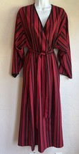 Vintage 80s 90s Josie Natori Striped Kimono Wrap Robe S Dressing Gown Red Black