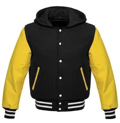 Herren schwarz Wolle & Leder Kapuze College Jacke-Custom Baseball Bomber Mantel