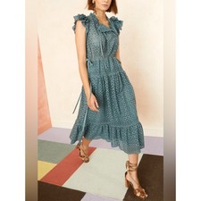 Ulla Johnson Lucille Midi Dress Atlantic Blue Cotton Feminine Cinch Waist Size 2
