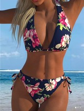 New Stunning Black Floral  Halter Neck Bikini With Tie Side Bottoms Size 12-14