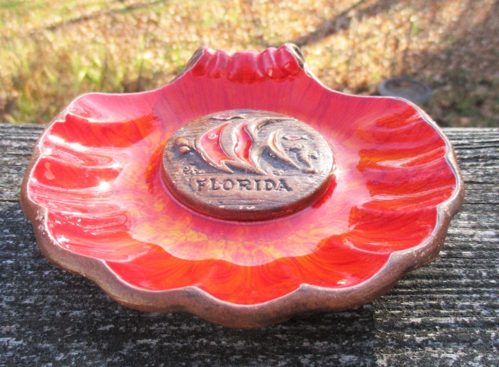 TREASURE CRAFT Red Orange Lava Florida Ashtray Dish Scallop Shell w/ Angel Fish