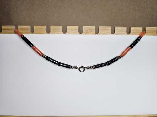 Collana di perle tubolari 16" argento sterling 925 rosso e nero stile sud-ovest - Foto 3 di 10