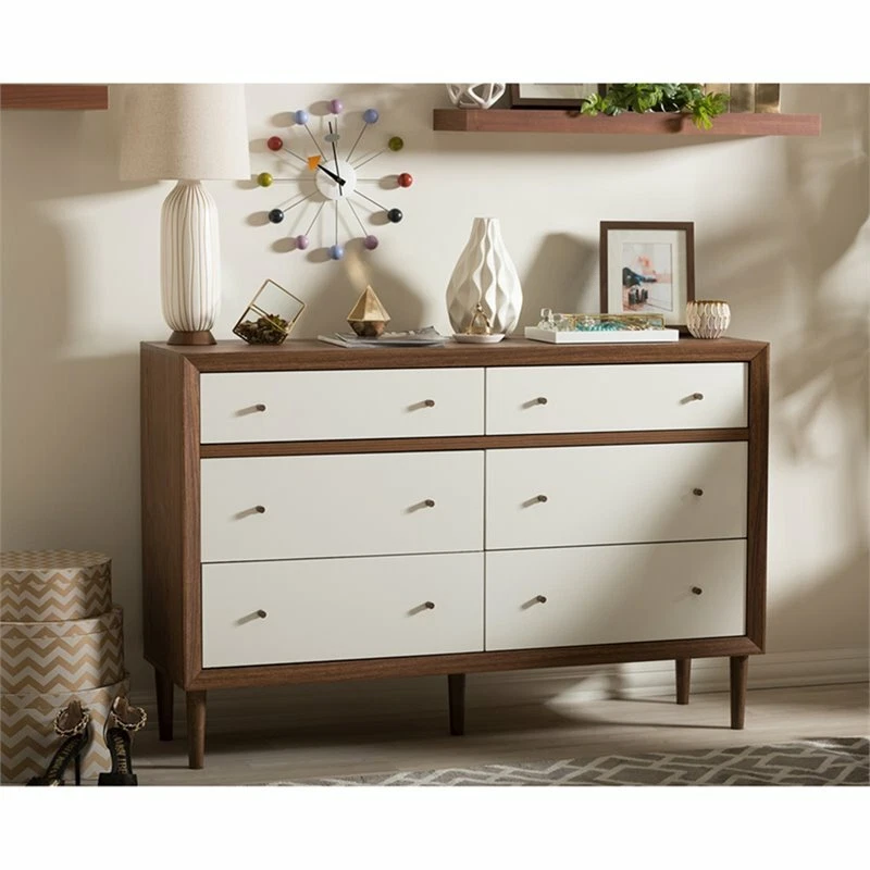 Baxton Studio Harlow 6 Drawer Double Dresser in White and Walnut - Image 2 of 4