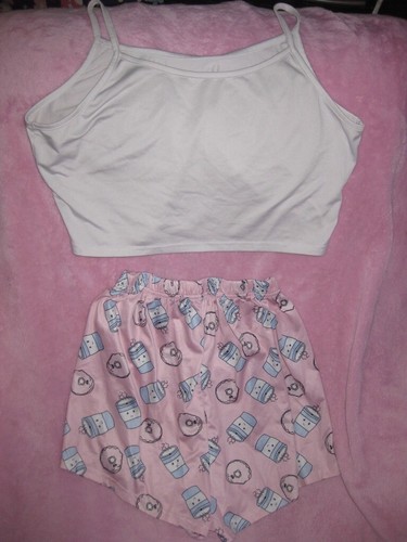 Women's Small Pink/Blue Polyester Pajamas/Short Set Crop Top Donuts/Coffee - Picture 2 of 2