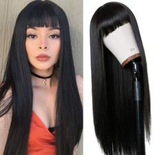 Heat Resistant Synthetic Hair None Lace Wigs Full Bangs Long Black Silk Straight