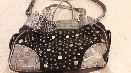 Russell & Bromley mocha suede & leather handbag. Snakeskin pattern. Stud detail. - Picture 2 of 8