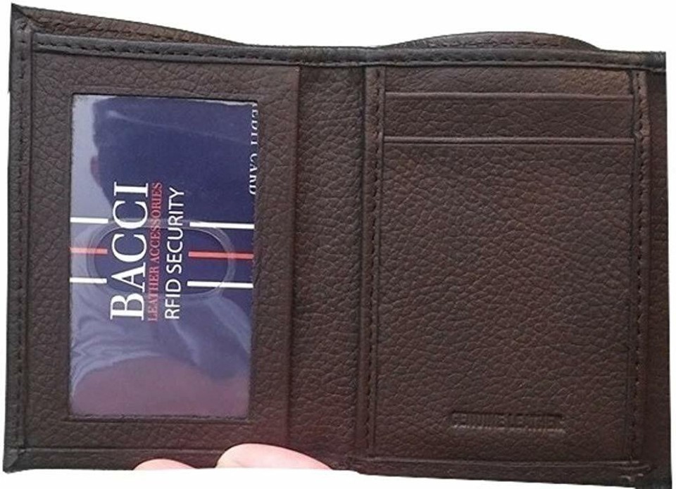 Bacci Men's Slim RFID Blocking Trifold Wallet - Genuine Leather, Black Or Brown, Compact Design