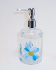 NEW CLEAR ACRYLIC FLOATING,BLUE+YELLOW FLOWER,WHITE BRANCH,SOAP+LOTION DISPENSER