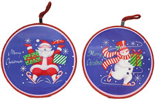 Set of 2 Round Plaques w/cork back, 8 ",MERRY CHRISTMAS, SANTA & SNOWMAN ON BLUE