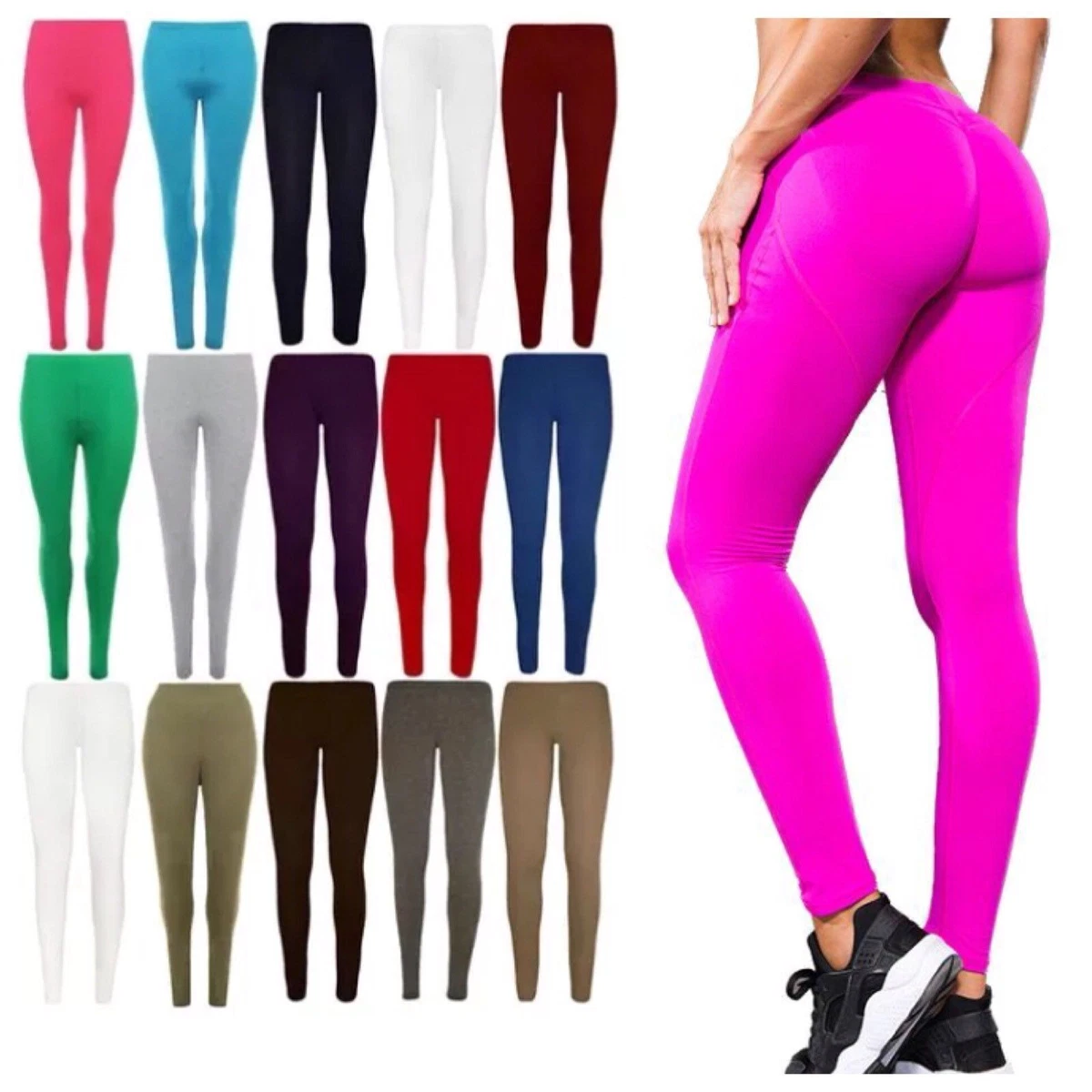 Womens Ladies Leggings Cotton Plain Full Length Black Colours UK
