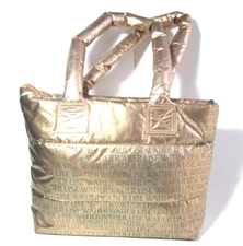 Lise Watier Canada Gold Logo Tote and Cosmetics Bag Zipper Padded Metallic Gold