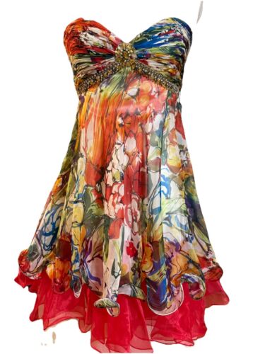 Terani Couture Dress Strapless Beaded Floral Ruffled Gathered Organza Lined Zip