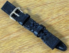 Black Braided Genuine Leather 13mm 1/2" Ladies Watch Band Gold Tone Buckle