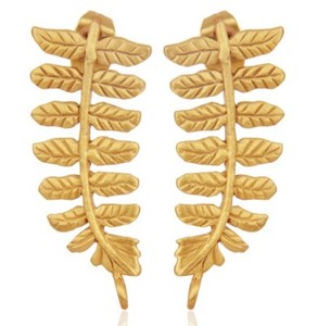 Authentic Handmade Leaf Design 18K Yellow Gold Plated Stud Earrings Jewelry For