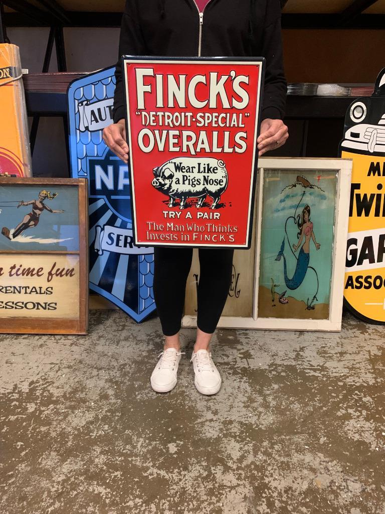 Antique Vintage Old Style Sign Fincks Overalls Made USA | eBay