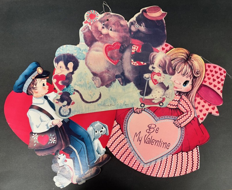 Vintage Valentines Day decor paper cutout postman/girl dress/bears lot of 3