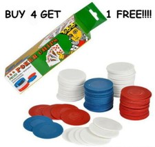 100 POKER CHIPS RED WHITE BLUE PLASTIC EASY STACKING WASHABLE INTERLOCKING NICE