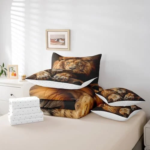 3D Lion Comforter Set with Sheets Lion Animal Print 7 Piece King Yellow - Picture 7 of 7