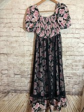Dark Romantic Peasant Dress Womens Medium Rose Floral Smocked Puff Sleeve Grunge