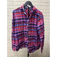 Lands End Plaid Flannel Shirt Red Purple Blue Long Button Up Top Kids L 14-16