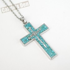 Collar Colgante Boho Azul Turquesa Piedra Chip Incrustación 3 Uñas Superposición de Cruz