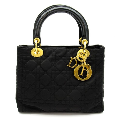 Dior Lady Dior Medium 2-Way Handbag Nylon Handbag black USED