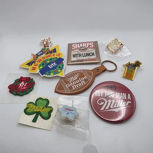 Vintage Miller Beer Pins Patches Keychain Button Signs Breweriana Lot