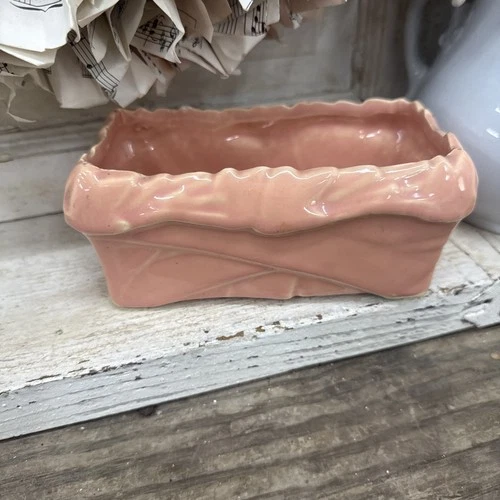 Vintage 1940s McCoy Pink Peach Rectangular Flower Pot Planter with Strap Design