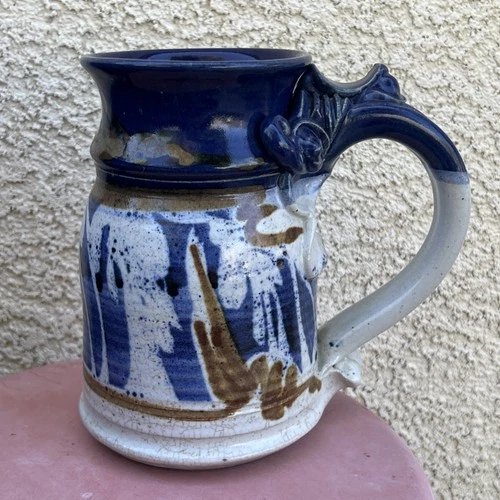 VTG Studio Art Pottery JOHN SCHULPS Signed Thumb Rest Stoneware Blue Mug 7”