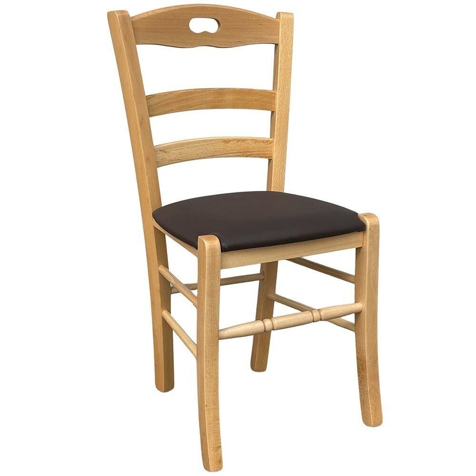 Chaise En Bois Naturel Loris Avec Assise Rembourrée En Similicuir Marron