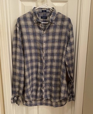 PETER MILLAR Collection Linen Button Down Shirt Blue Tan Plaid Preppy Career