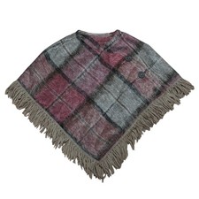 Vintage Andrew Stewart Poncho Womens One Size Plaid Mohair Wool Fringe Lined