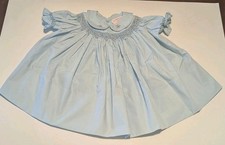 Vintage Handmade Smocked Light Blue Cotton Blend Dress Girls Short Sleeve A-Line