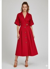 Carolina Herrera Icon Red Wide Rolled Sleeve Shirt Dress Pockets Buttons Sz 8
