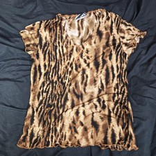 FASHION BUG Womens SZ M Sheer Blouse Animal Print Short sleeve V neck USA made
