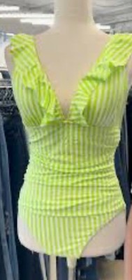 Ellen Tracy NWOT Neon Green Striped Ruched Ruffled Tie Back Swimsuit Size 14