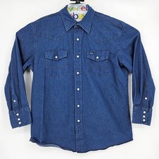 Vintage Wrangler Pearl Snap Shirt Mens 16 34 Western Blue Denim Rancher