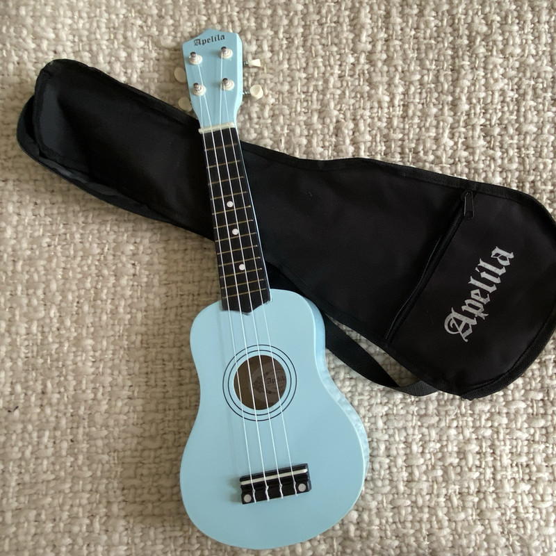 Apelila Blue Acoustic Ukulele 4-String Polished Wood Body w/ Bag, 12 Frets