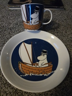 Arabia Moomin Moominpappa Mug** & Plate Dish Finland Blue Sailing Scene *READ*