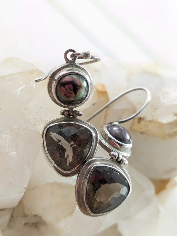 Vintage Solid Sterling Silver Bronze Pearl Smoky Quartz Earrings 4.7 Grams - Image 2 of 4