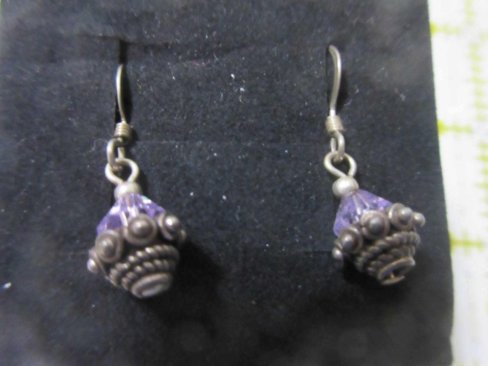 Purple Crystal Capped Beads Sterling Silver Dangles Pierced Earrings Hooks