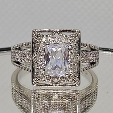 Art Deco Style CZ Cocktail Ring Silver Tone Princess Rectangular Cut Halo Size 7
