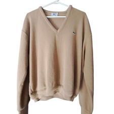Vintage IZOD Lacoste V-Neck Sweater Men's XL Camel Tan 80s Preppy Grandpa Golf