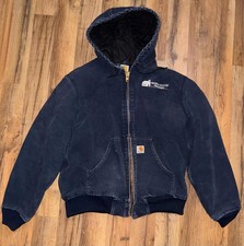 Carhartt Jacket Mens M Blue Duck Canvas Hooded Black Quilt Lined 14806 Work