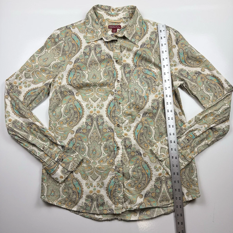 Женская рубашка Merona на пуговицах с принтом пейсли блузка с длинным рукавом и воротником - Изображение 3 из 4
